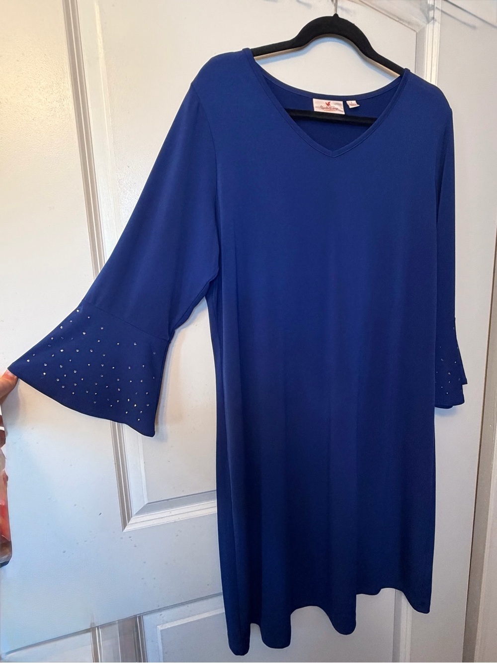Quacker Factory Stretch Knit Dress with Rhinestone Bell Sleeves -Royal Blue - Picture 3 of 11